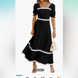 NWOT Square Neck Puff Sleeve Dress RIC Rac Tie Back Smocked ALine Flowy